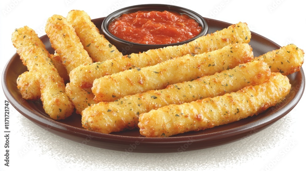 A plate of crispy cheese sticks served with marinara sauce. A plate of crispy cheese sticks served with marinara sauce.