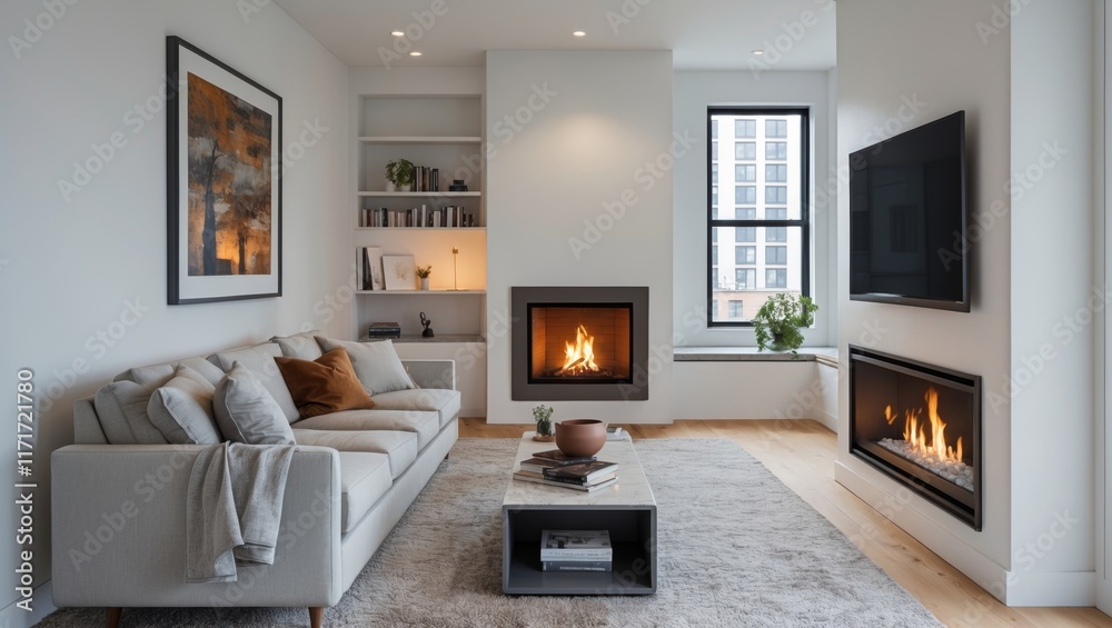 Fototapeta premium Contemporary apartment living room with fireplace and sofa