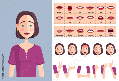 Stylized Young Woman Character Face Animation, Lip-sync, Hand Gestures and Expressions. Premium Vector File, Woman in Formal Shirt Illustration