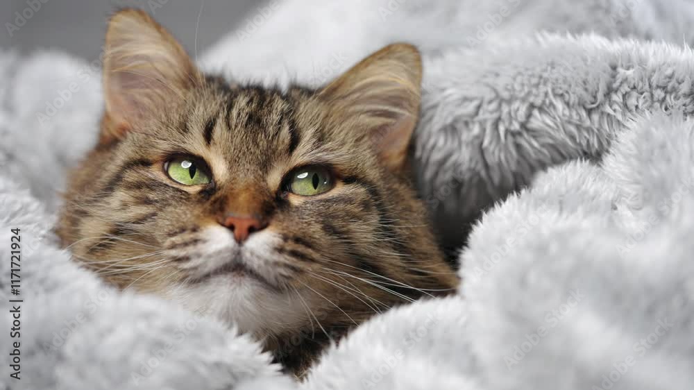 Cute tabby cat lies wrapped in a blanket. Concept of adorable pets. Cute tabby cat lies wrapped in a blanket. Concept of adorable pets.