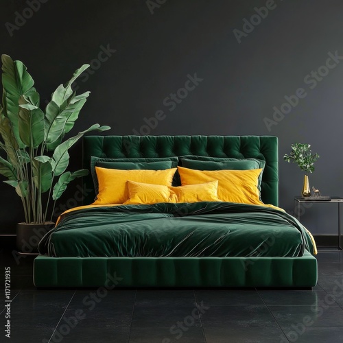 Modern bedroom with green and yellow bedding and indoor plants in a stylish s...