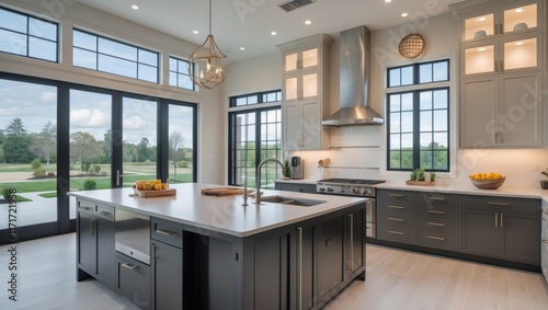 Contemporary kitchen with island sink and large window