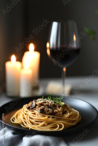 Romantic dinner with spaghetti and wine by candlelight in an elegant setting