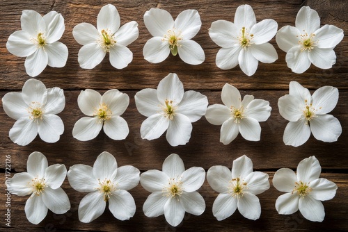 Beautiful white flowers arranged elegantly on a rustic wooden table in a cozy...
