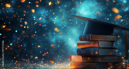 Graduation cap resting on a stack of books with colorful confetti floating in...