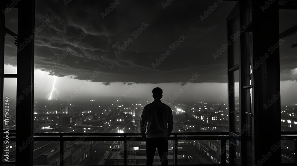 Fototapeta premium Man on Balcony Overlooking City at Night