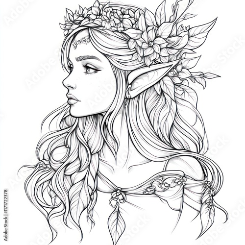 Floral-crowned elf woman profile, line art, fantasy, coloring book page