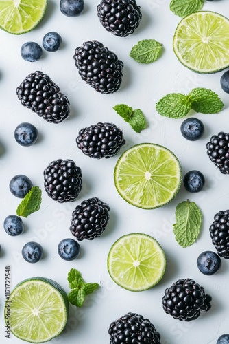 Fresh limes, blackberries, blueberries, and mint leaves arranged on a plain s...