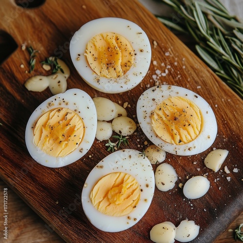 Delightful soft boiled eggs arranged on a rustic wooden cutting board with se...