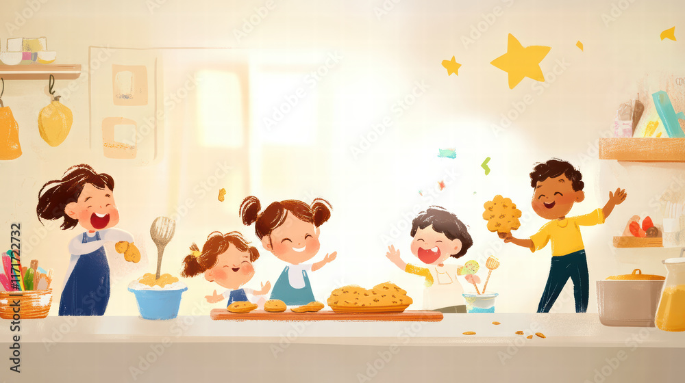 joyful scene of children baking cookies together in bright kitchen, filled with laughter and creativity. kids are engaged in fun process of making delicious treats joyful scene of children baking cookies together in bright kitchen, filled with laughter and creativity. kids are engaged in fun process of making delicious treats