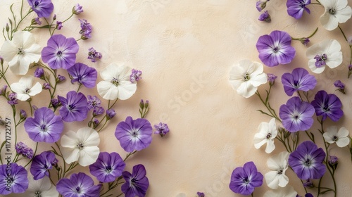 Beautiful arrangement of purple and white flowers on a soft pastel background
