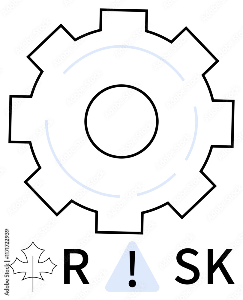 Gear with exclamation symbol inside triangle replacing letter I in the word RISK. Leaf symbol next to letter R. Ideal for automation, risk management, security, decision-making, caution, process Gear with exclamation symbol inside triangle replacing letter I in the word RISK. Leaf symbol next to letter R. Ideal for automation, risk management, security, decision-making, caution, process