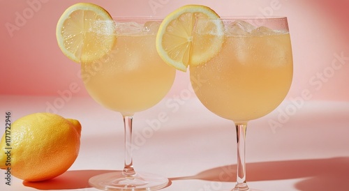 Refreshing lemonades served in glasses with ice and lemon slices on a pink ba...