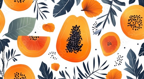Colorful papaya and leaves arranged artistically on a vibrant background