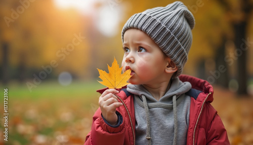 Indifferent Child Unable to Enjoy Autumn Foliage Smell Due to Anosmia, Mildly Cloudy Day in Park. photo