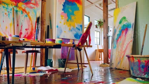 Wallpaper Mural A vibrant art studio filled with colorful paint splashes and artistic tools, capturing creative chaos and inspiration in a unique environment. Torontodigital.ca