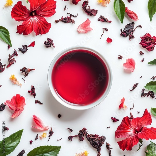 Floral arrangement with hibiscus tea surrounded by vibrant petals and dried f...