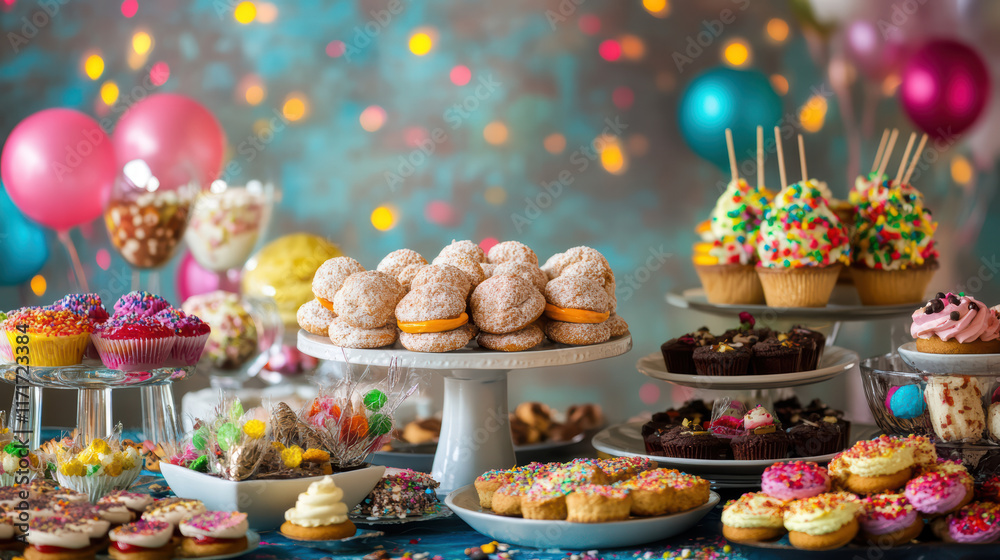vibrant dessert display featuring colorful cupcakes, cookies, and candies, perfect for celebrations. festive atmosphere is enhanced by bright decorations and sweet treats vibrant dessert display featuring colorful cupcakes, cookies, and candies, perfect for celebrations. festive atmosphere is enhanced by bright decorations and sweet treats