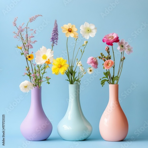 Beautiful spring flowers arranged in colorful vases against a pastel blue bac...