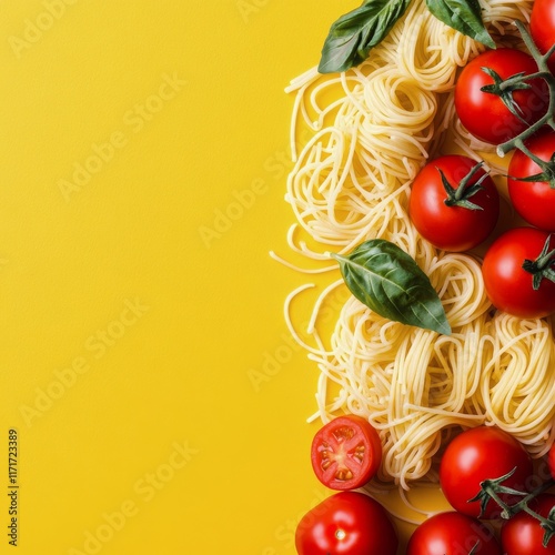 Fresh pasta surrounded by ripe tomatoes and fragrant basil on a bright yellow...