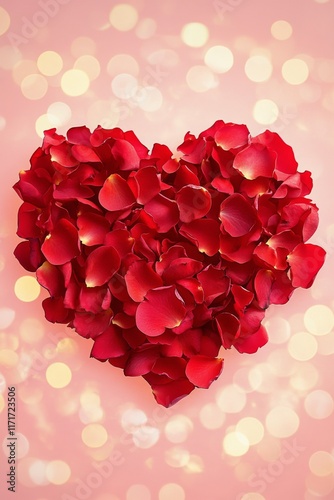 Heart shaped arrangement of red rose petals with soft bokeh lights in the bac...