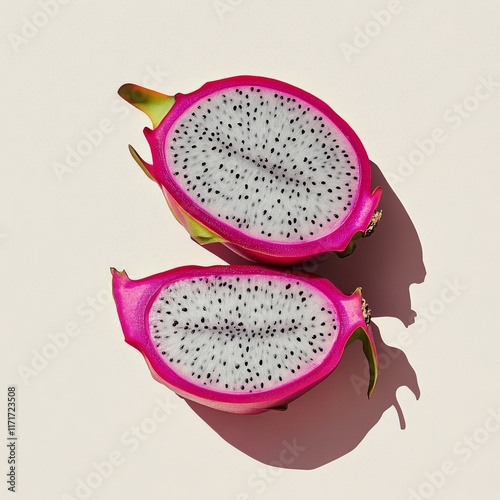 Vibrant pink dragon fruit split in half showcasing its unique texture and col...