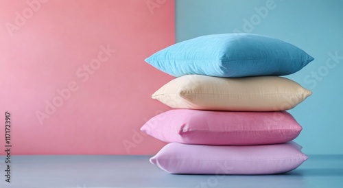 Soft pastel pillows arranged on a light surface against a pink background in ...