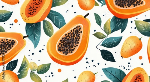 Colorful papaya and leaves arranged artistically on a vibrant background