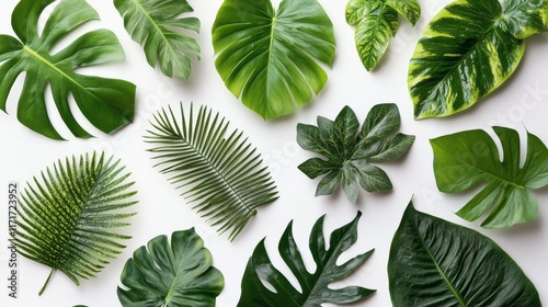 Different types of green leaves arranged artistically on a white background d...