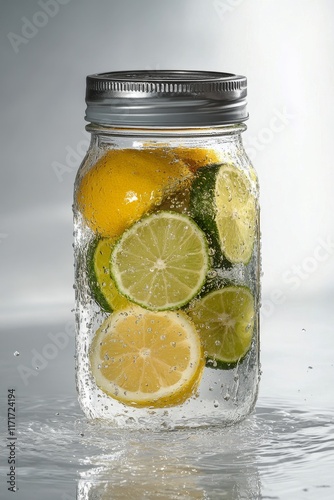 Splashing citrus fruits in jar filled with water and ice on clear background