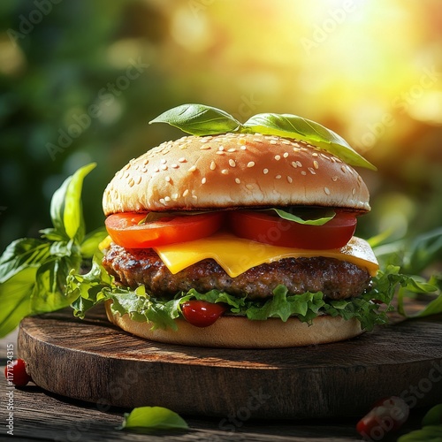 Delicious gourmet burger stacked high with fresh ingredients on a wooden boar...