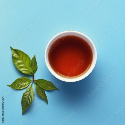 Freshly brewed coffee cup on a blue background with green leaves