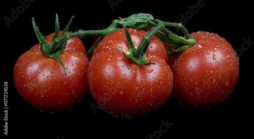 Fresh and ripe tomatoes with drops of water on a black background