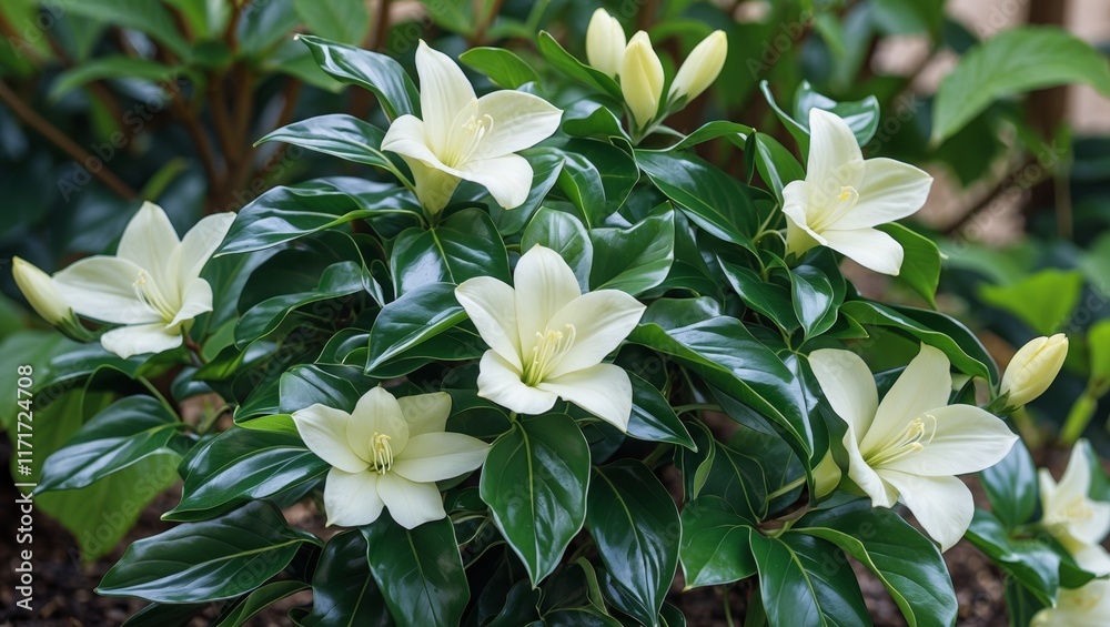 Obraz premium Elegant plant with glossy leaves and white blooms