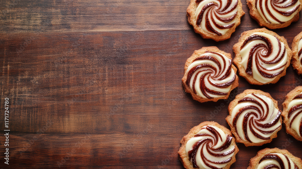 Delicious pinwheel cookies displayed on rustic wooden table, perfect for festive gatherings and holiday celebrations. Their swirled design adds charming touch to any dessert spread Delicious pinwheel cookies displayed on rustic wooden table, perfect for festive gatherings and holiday celebrations. Their swirled design adds charming touch to any dessert spread