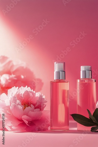 Elegant pink floral arrangement with beauty products on a soft pastel background
