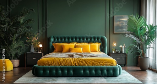 Cozy green bedroom filled with plants and vibrant yellow bedding near a large...