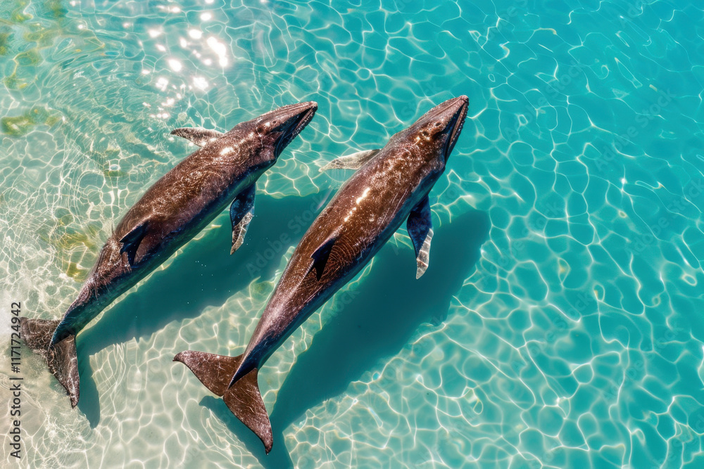 Fototapeta premium An overhead shot of two whales gracefully swimming in clear turquoise waters, highlighting their sleek forms and the shimmering surface patterns. 