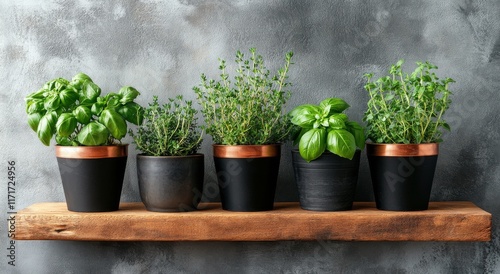 Lively herb garden with basil, thyme, and rosemary in decorative pots on wood...
