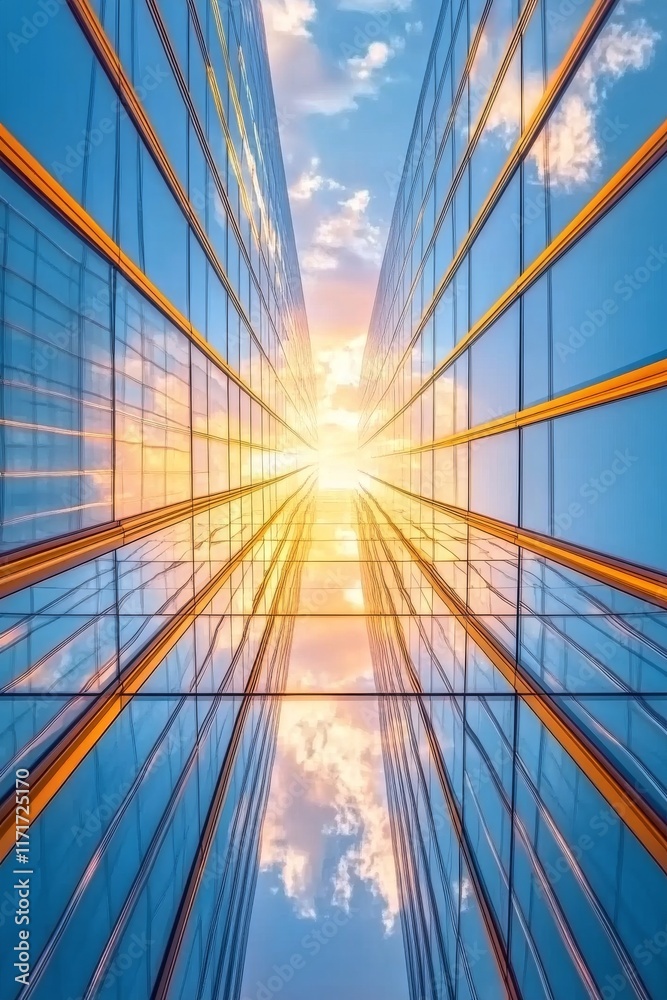 Modern office building reflects sunset glow in an urban landscape showcasing contemporary architecture Modern office building reflects sunset glow in an urban landscape showcasing contemporary architecture