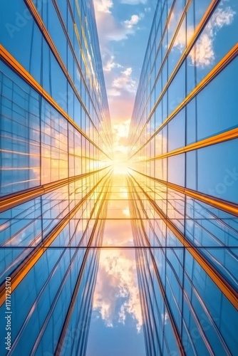 Modern office building reflects sunset glow in an urban landscape showcasing ...