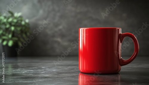 Bright red coffee mug resting on a wooden table with a textured backdrop emph...