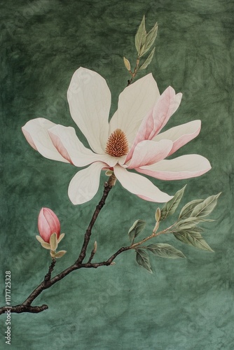 Magnolia flower branch with buds and leaves on a green background