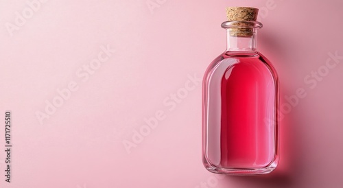 Bottle of pink liquid on a light pink background showcasing a simple yet eleg...