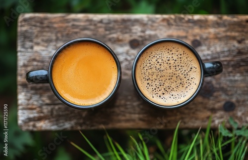 Two mugs of coffee placed on a weathered wooden surface in a green outdoor se...
