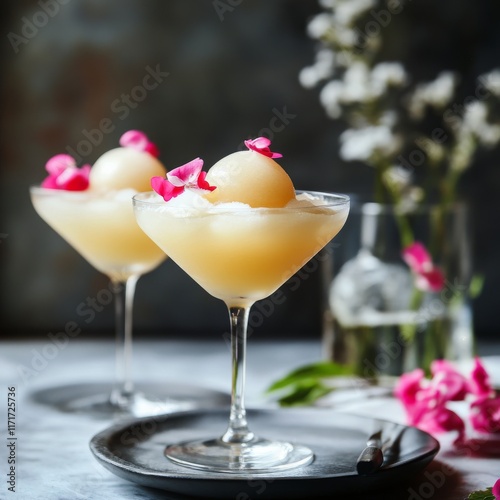 Refreshing mango sorbet served in elegant glasses with mint and radish garnis...