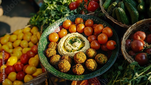 Delicious Hummus Falafel Platter with Fresh Tomatoes and Vegetables
