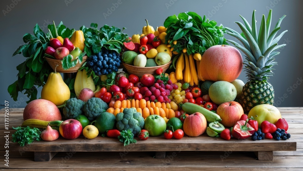 Fresh fruits and vegetables on wooden surface display Fresh fruits and vegetables on wooden surface display