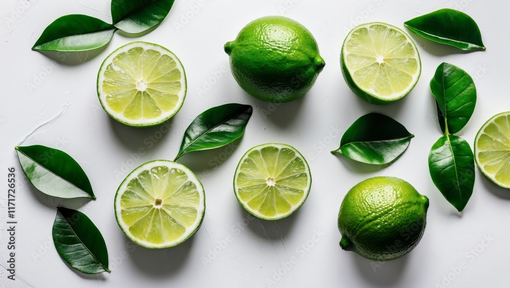 Fresh lime fruits and slices in flat lay Fresh lime fruits and slices in flat lay