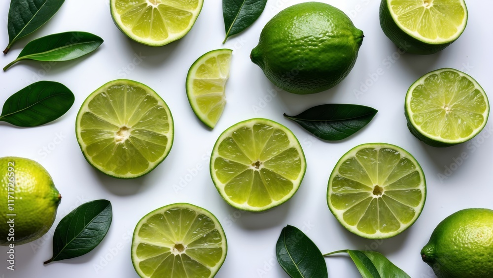 Fresh lime slices and leaves flat lay composition